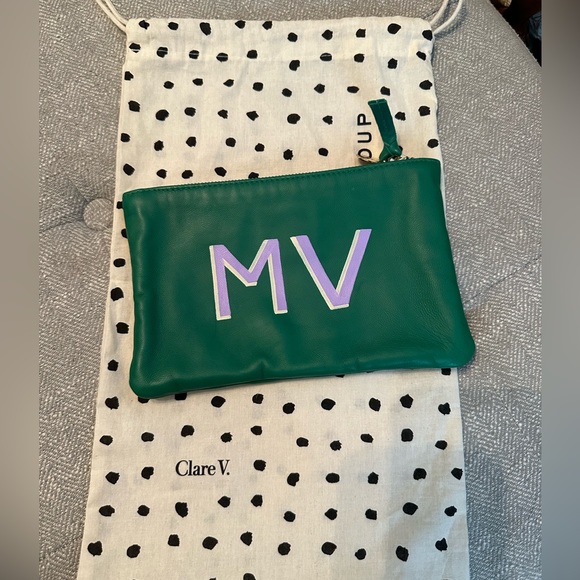 Clare V Emerald Green Wallet Clutch with Blush Lips, Monogrammed MV - Picture 3 of 9
